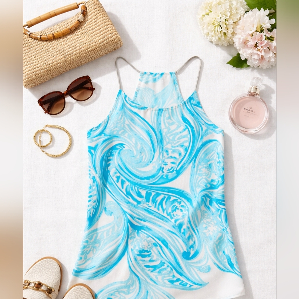 Lilly Pulitzer Belle Silk Racerback Tank XS Blue White Resort Chic